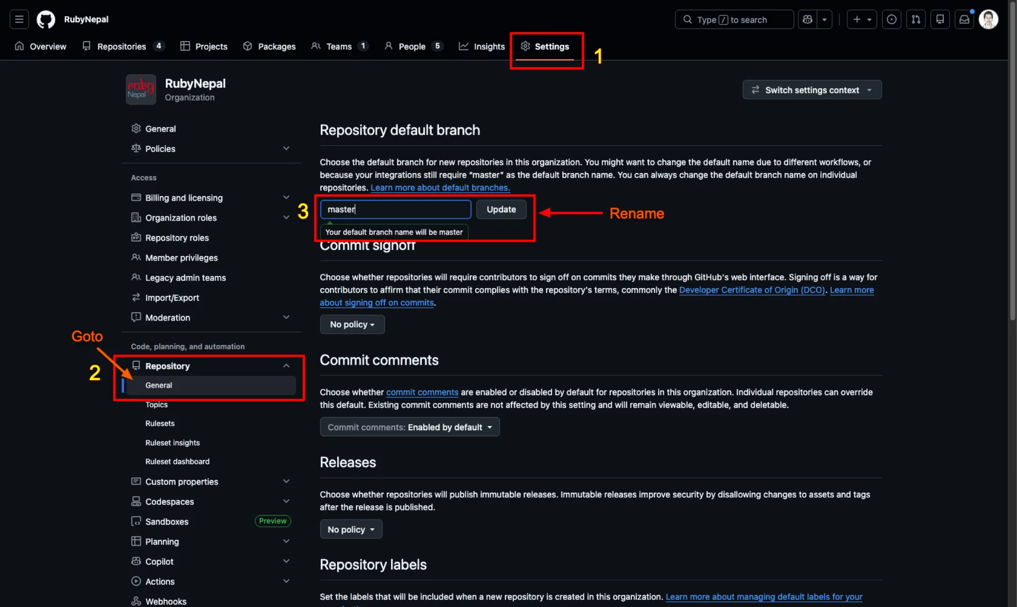 GitHub organization Repository settings page with the Repository default branch field filled with master and an Update button