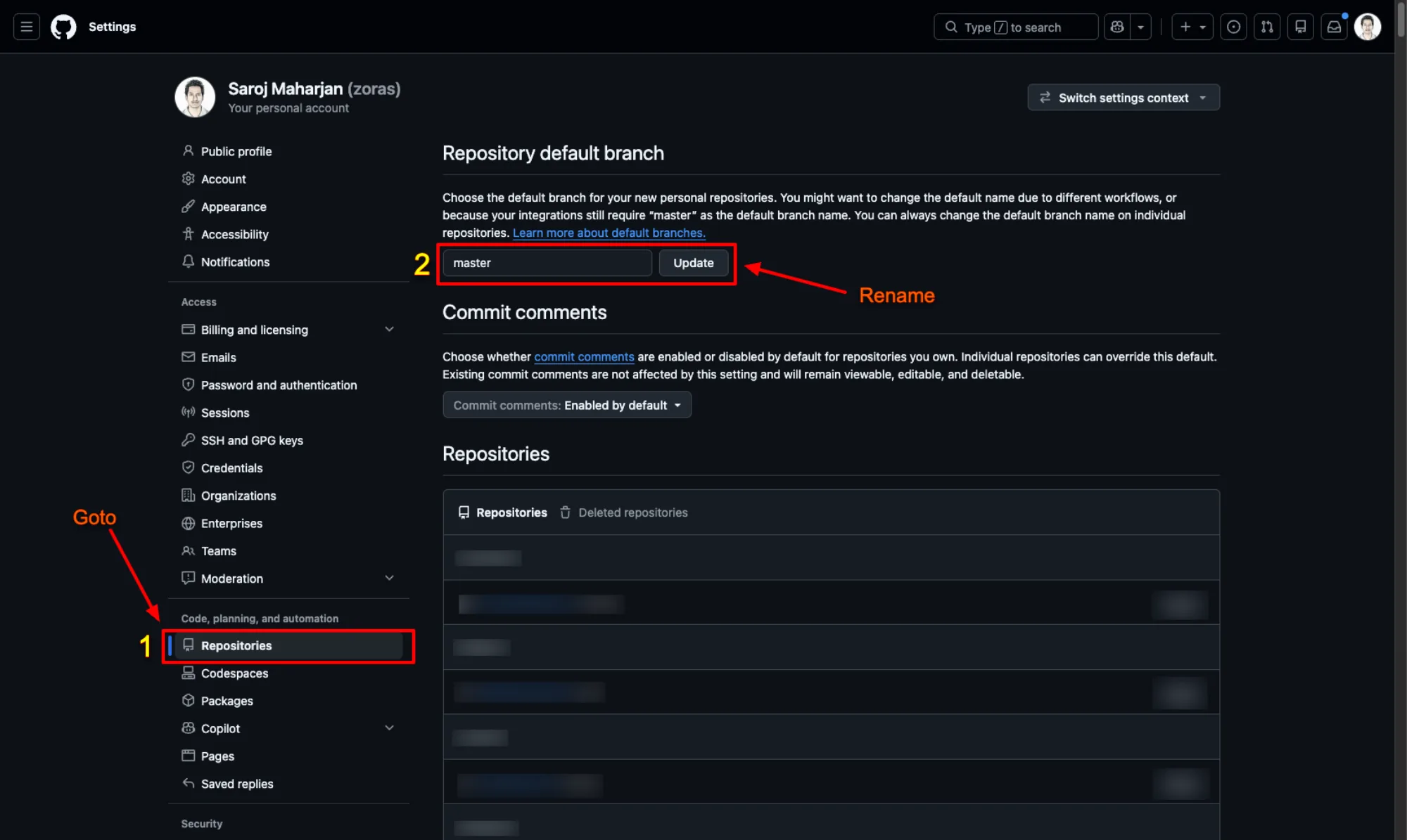 GitHub personal settings page with the Repositories item in the sidebar and the Repository default branch field filled with master