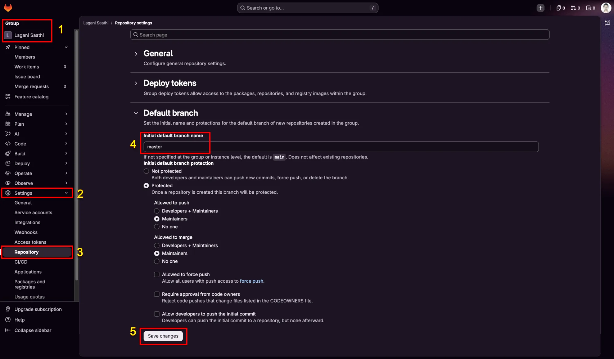 GitLab group Repository settings page with the Default branch section expanded, the Initial default branch name field filled with master, and the Save changes button