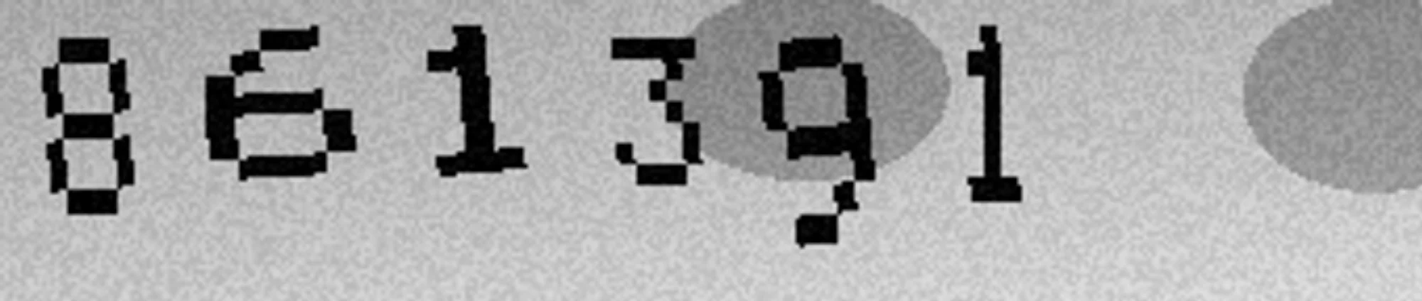 A generated captcha reading 861391, six tilted digits on grey paper with two soft dark blobs and sensor noise