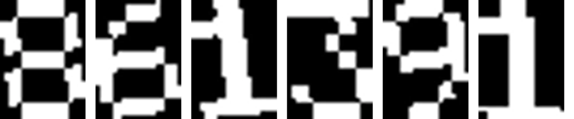 Six segmented and normalised glyph crops, all resampled to the same 20 by 28 canvas, spelling 861391