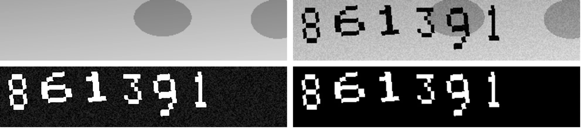 Four panels: the paper background with its blobs, the captcha, the amplified pixel difference, and the binary ink mask