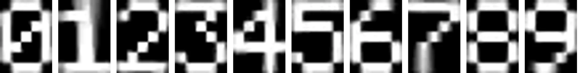 Ten averaged digit templates, 0 through 9, each resampled to a 20 by 28 canvas with soft grey edges