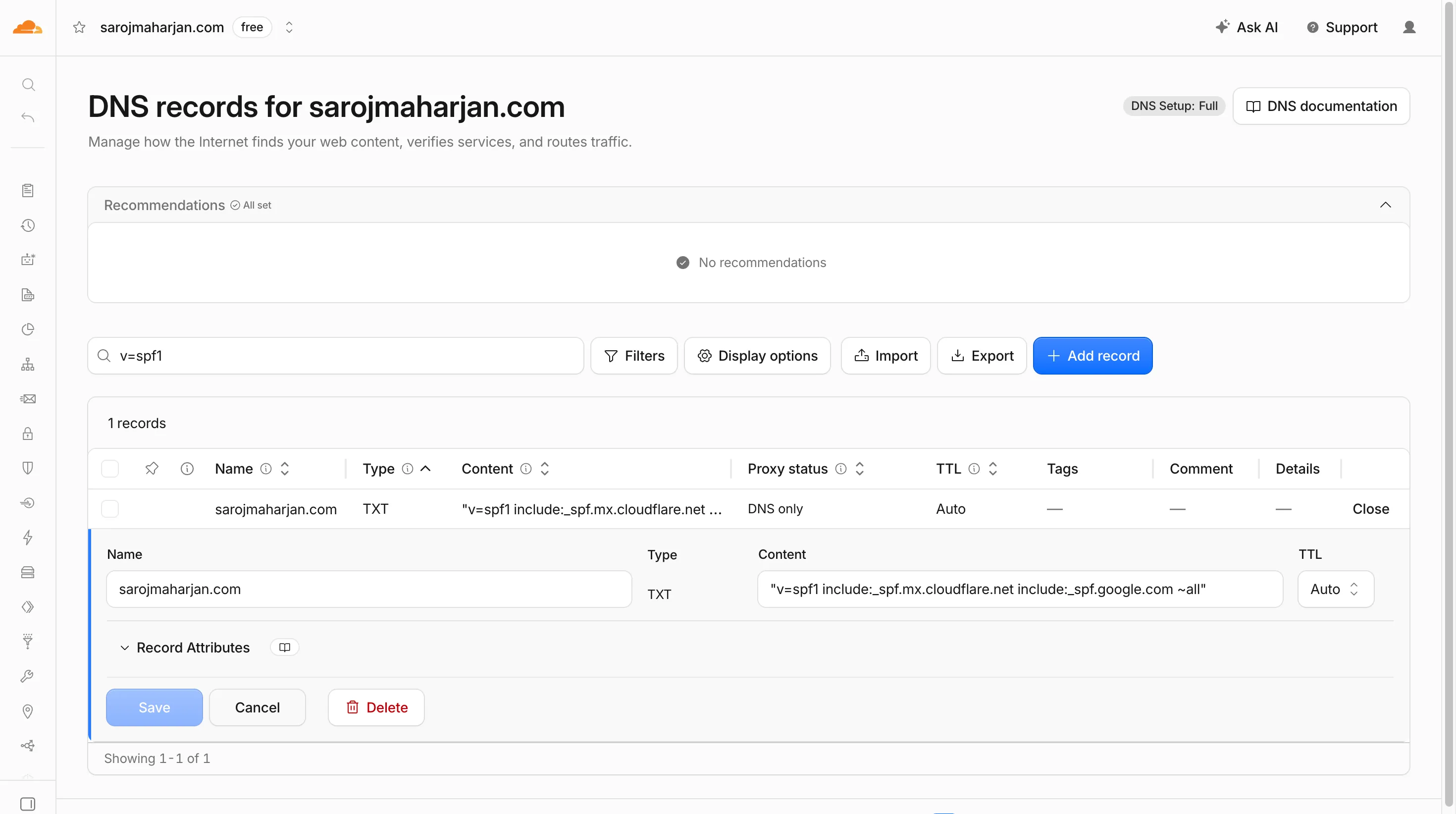 Cloudflare DNS records page with SPF TXT record containing Cloudflare and Google includes