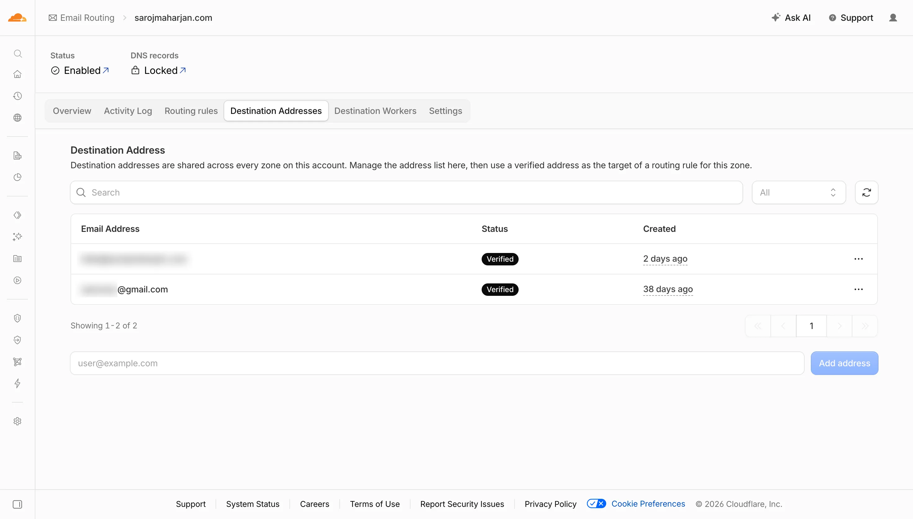 Cloudflare Email Routing destination addresses page
