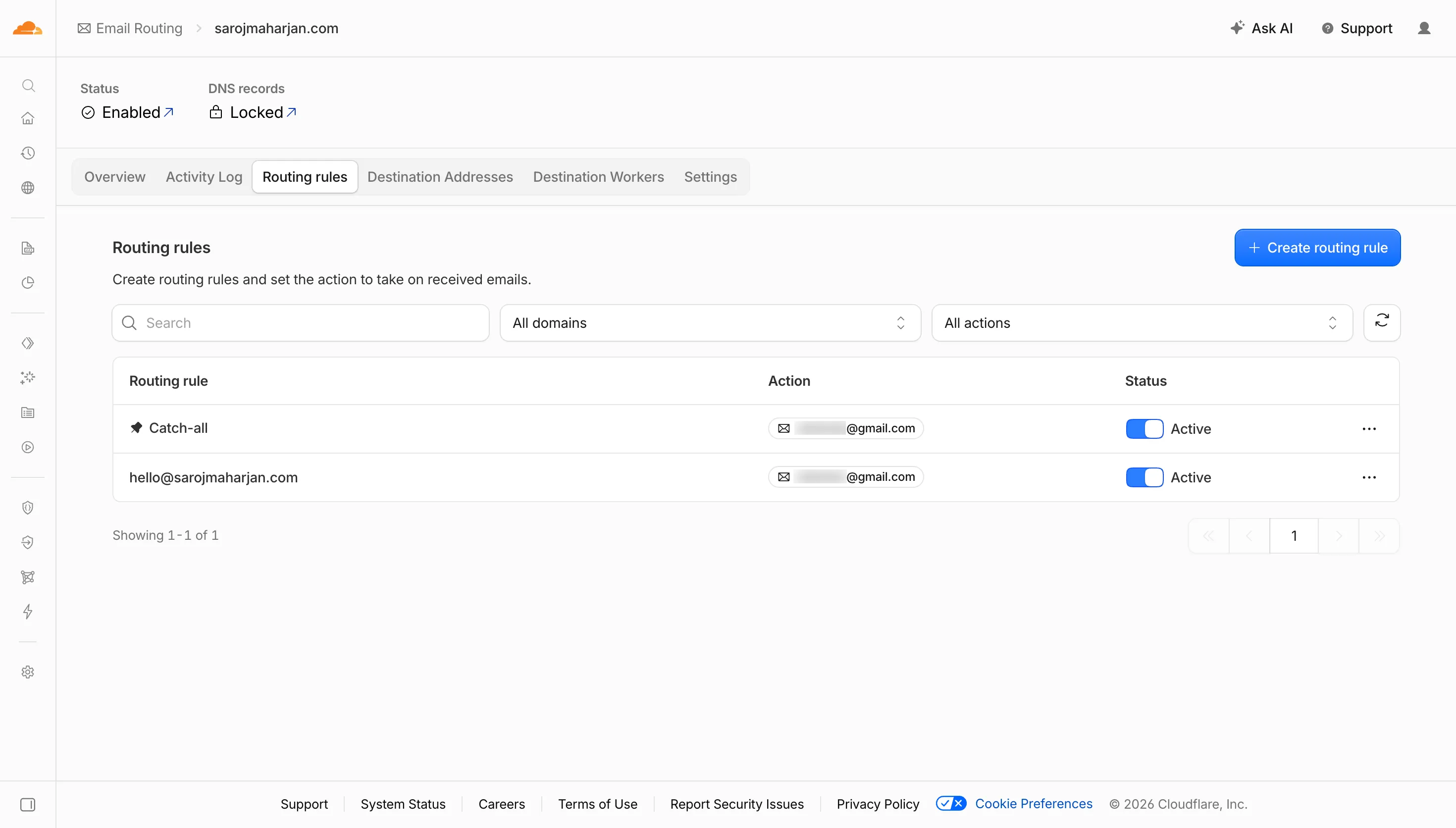 Cloudflare Email Routing catch-all rule configuration