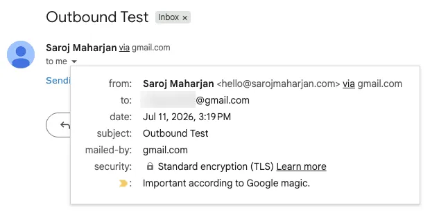 Email sent from hello@yourdomain.com as seen in the recipient's inbox