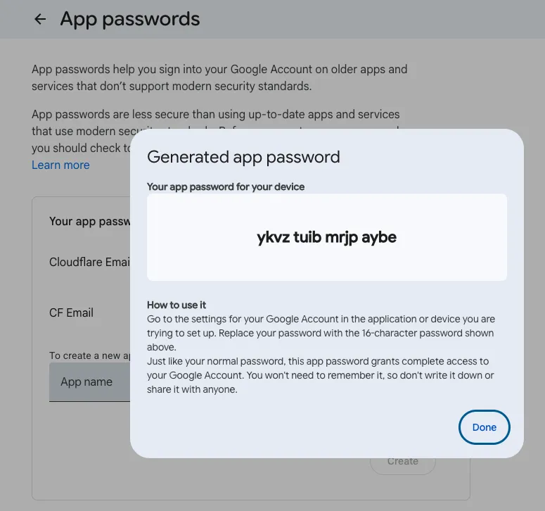 Google App Passwords page with a generated 16-character password