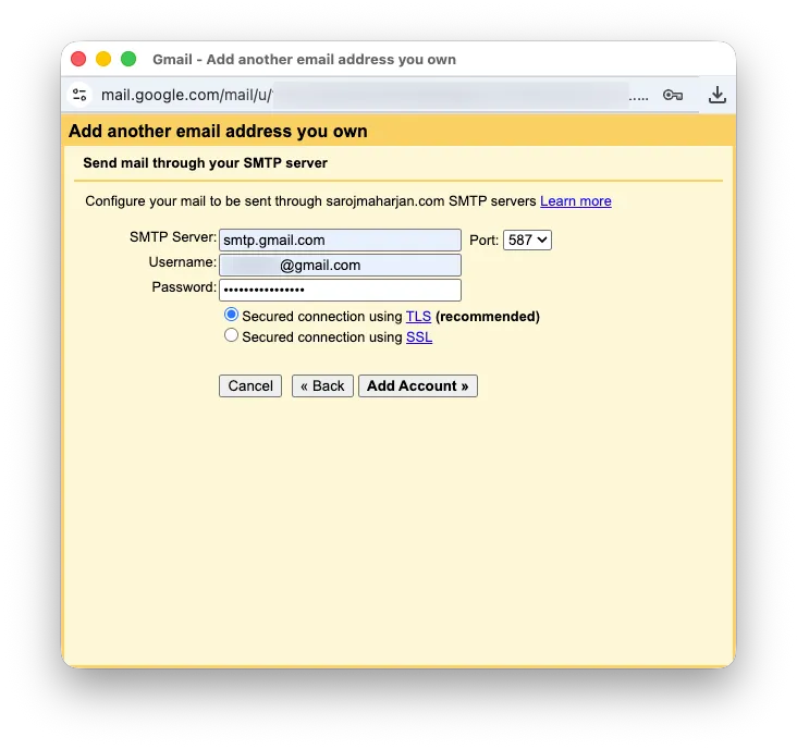 Gmail SMTP configuration modal with smtp.gmail.com and port 587