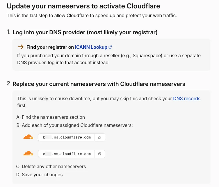 Cloudflare dashboard showing the nameservers assigned to your domain
